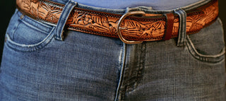 Horses, running, field, hill, scene, brown, leather belt, kids, adults, handmade, name belt, with removable utility buckle