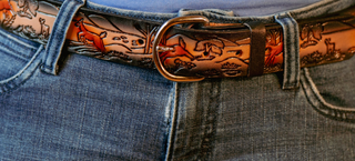 Running deer, forest scene,brown leather belt, kids, adults, handmade, name belt, with removable utility buckle